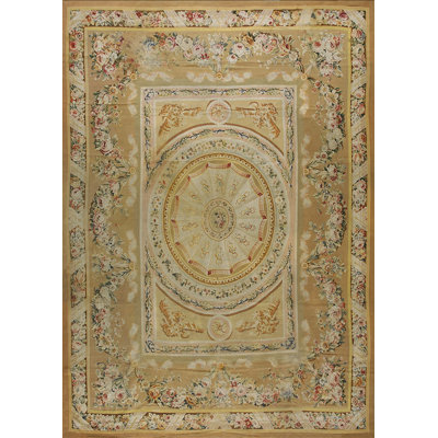Room Size Antique Floral With Geometric Medallion Design French Aubusson Rug