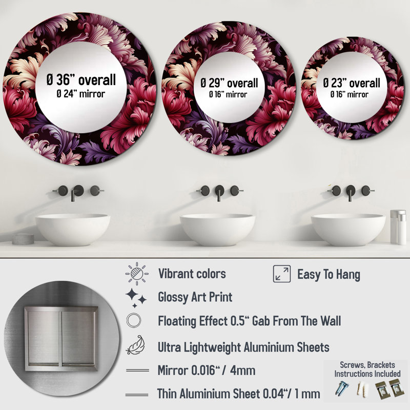 Motif victorien grandiose de Rochanda Regency - miroir floral, miroir mural rond rose, impression sur métal, 36 po x 36 po