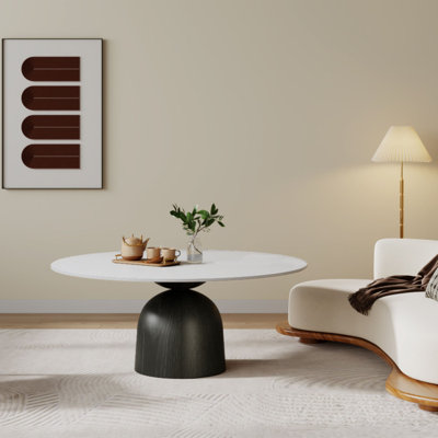 Modern Round Coffee Table with Faux Marble Tabletop and Pedestal Solid Wood, Cocktail Table for Living room & Home Decor