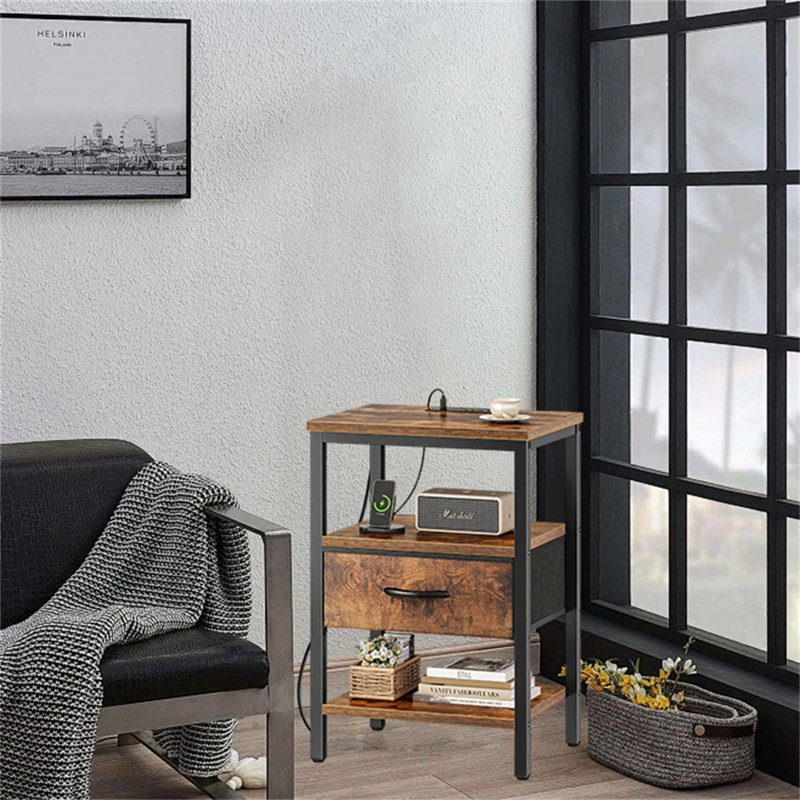 Multi-Functional Bedside Table With Charging Station & Adjustable Fabric Drawer, Rustic Brown/Black
