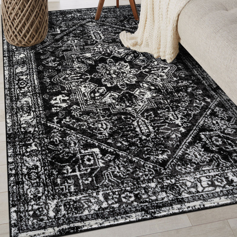 Tapis noir ivoire rétro à médaillon, Rectangle 4pi x 6 pi