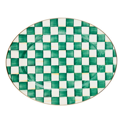 Mackenzie-childs Emerald Check Large Oval Platter In White;green;gold