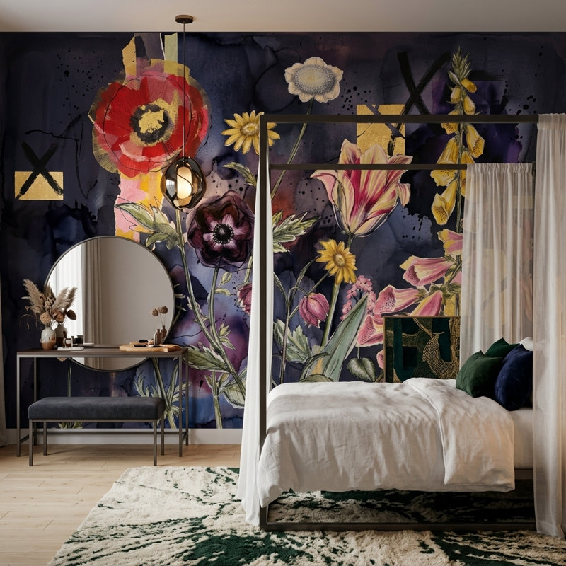 Papier peint floral foncé foncé Moody, Non tissé, 120 po x 96 po