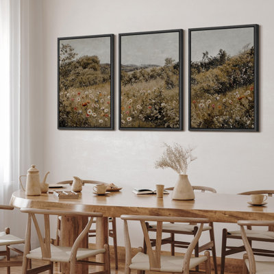 " Summer Wildflower Lush Floral Landscape Illustration Modern Decor Relax Calm Chic " 3 - Pieces on Canvas