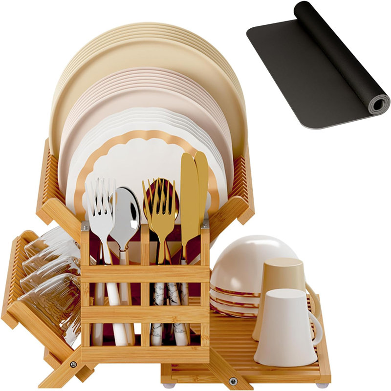 Natural Bamboo Foldable 3-Tier Dish Drying Rack with Utensil Holder