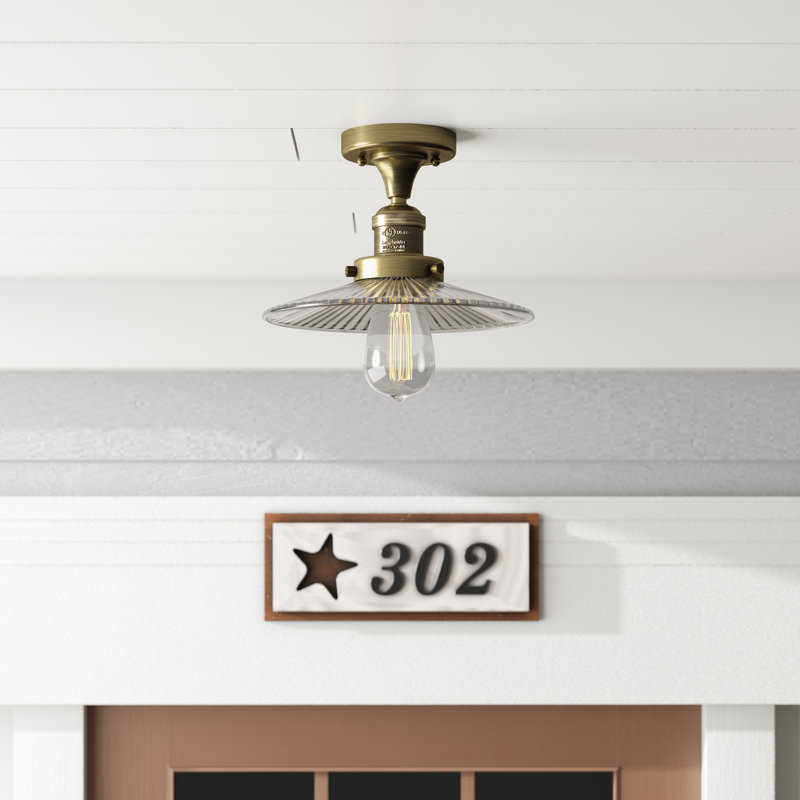 Katalina Glass Semi Flush Mount, Antique Brass, Clear Halophane, No Bulb Included
