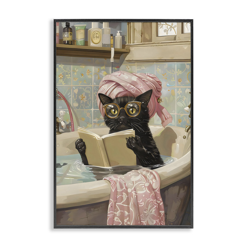 Giclée encadrée de lecture de baignoire Kitty Care, design par LSR Design Studio, Giclée encadrée noir minuit
