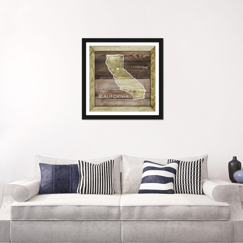 « california rustique map », impression sur toile, H 16 po x l 16 po x P 1 po, Papier d'art encadré noir, Blanc