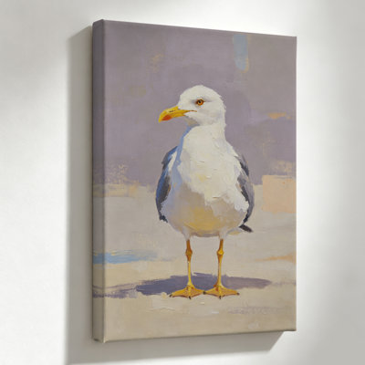 Seagull standing on a sandy surface Framed Canvas Wall Art, Oil Painting Print, 24 x 36 Inch, Bedroom, Living Room and Home Decor