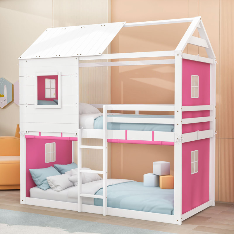 Lit superposé en bois avec toit et échelle, Lit superposé double sur double, Rose/Blanc