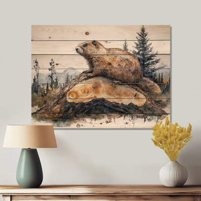 «Canadian Groundhog In Forest Landscape IV» - Décoration murale animal en bois de marmotte - sur bois de pin naturel