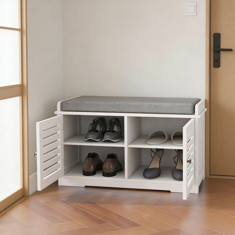 Banc de rangement pour chaussures avec siège rembourré et armoire à 2 portes - Organisateur de chaussures et banc de rangement pour chaussures