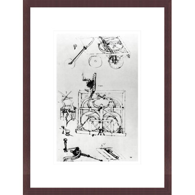 Perspective and plan drawings of automotive wagon moved by system of springs and equipped with differential transmission Fol. 296 (verso)-a from the Codex Atlanticus by Leonardo da Vinci -Framed Giclee Print