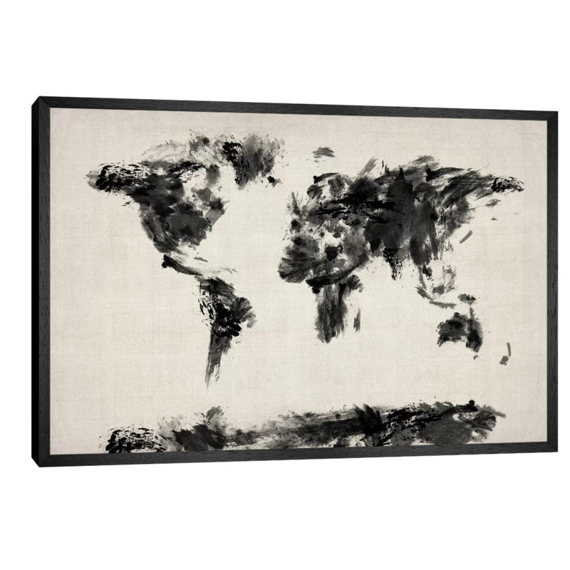 Map Of The World Paint Splashes Black by Michael Tompsett - Floater Frame Print on Canvas, 101.6 cm H x 66.04 cm W