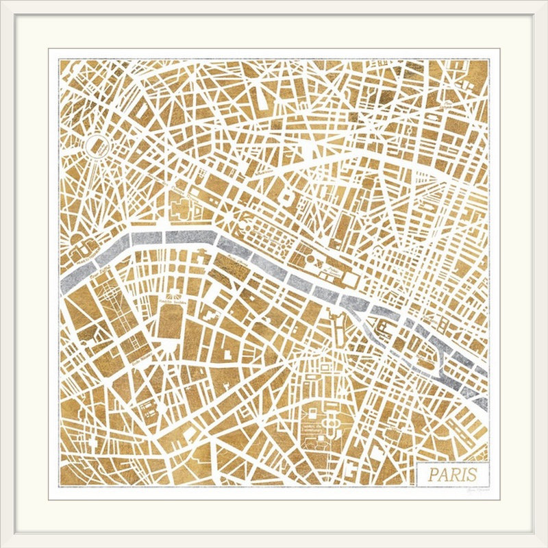 «Gilded Paris Map» par Laura Marshall, impression d'art graphique Kerlynn, H 38 po x l 38 po x P 1 po, Cadre blanc