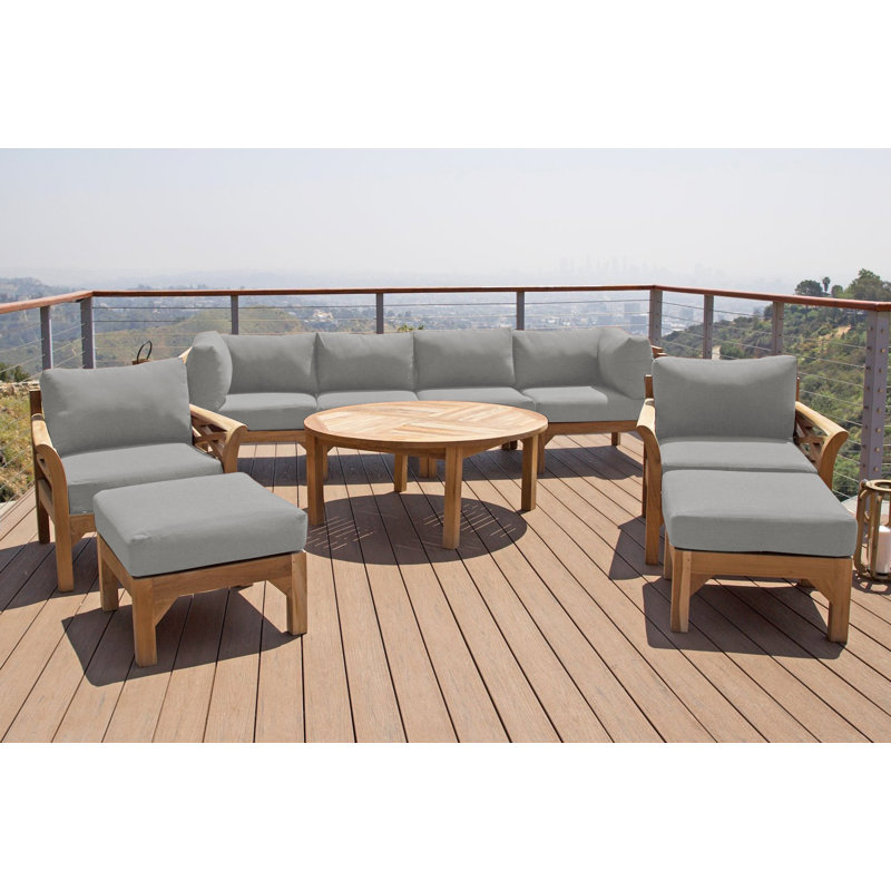 Monterey Teak Outdoor Seating Group with Cushions, Granite, 7 Pcs:  Sectional,Chair,2Cushion,Table,2Ottoman