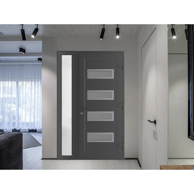 Front Exterior Prehung Metal-Plastic | Manux 8113 Antracite Grey | Side Sidelite Transom | Office Commercial and Residential Doors Entrance Patio Garage 44" x 80" (W32+12" x H80") Left hand Inswing