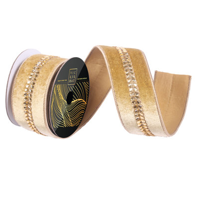 2.5" x 5yd Velvet Wired Ribbon with Tear Drop Jewels and Gold Threading down the Center. Dupion Backing. Measuring 2.5 inches in width and 5 yards in length, it's perfect for a variety of festive projects.