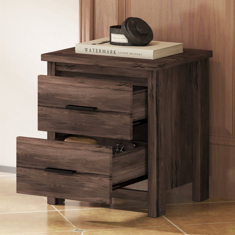 Table de chevet rétro à deux tiroirs, espace de rangement simple et généreux, Noyer