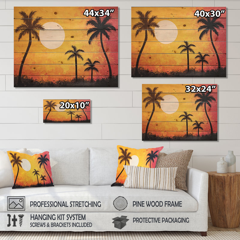 «Sunset Oasis Palm Trees I», art mural traditionnel sur bois de pin naturel, H 24 po x l 32 po
