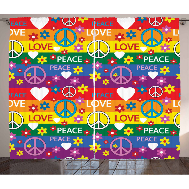 Arvelle Heart Peace Flower Power Political Hippie Cheerful Colors Festival Semi-Sheer Curtain Panels, 54" W x 96" L