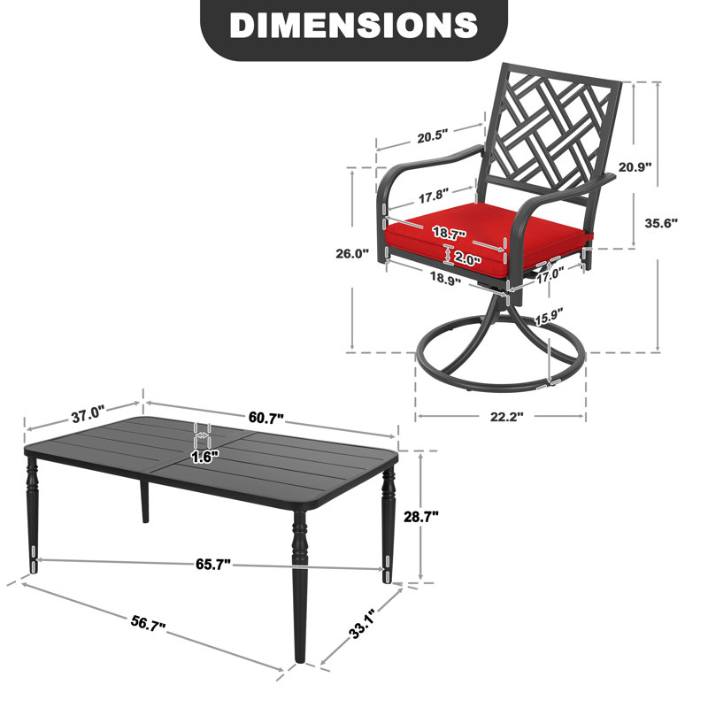 7pcs Metal Patio Dining Set With Umbrella Hole, Swivel Chairs With Cushions, 7 Pieces: Table, 6 Chairs