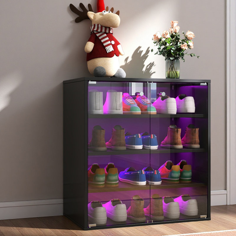 Shoe Box With RGB LED Light, Wooden Stackable Shoe Storage Box With Glass Door, Shoe Storage Bin Shoe Display Case For Sneakers (4 Tier-1)