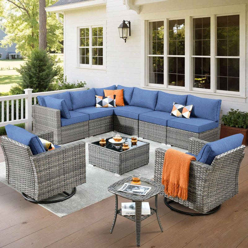Rebbecca 8 - Person Patio Furniture Set with Swivel Rocker, Outdoor Wicker Rattan Sectional Seating Group with Cushions, All Weather Sofa Conversation Set with Fire Pit Table for Garden Backyard