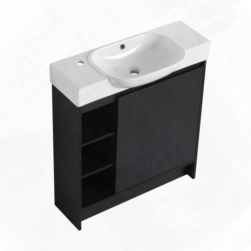 Meuble-lavabo autoportant avec évier en céramique, Chêne foncé