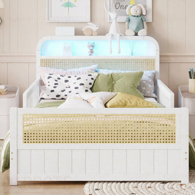 Twin Rattan Bed Frame with LED Lights and Storage Headboard, Twin Size Platform Bed with Safety Guardrails for Kids