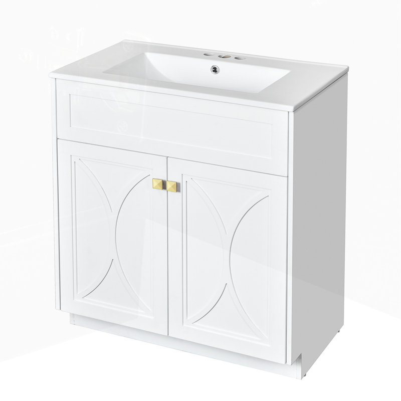 Meuble-lavabo autoportant avec poignées en céramique, Blanc