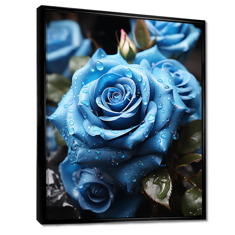Bleu rose matin gouttelettes de rosée - art mural salon rose, Toile avec cadre flottant noir, H 32 po x l 16 po x P 1 po