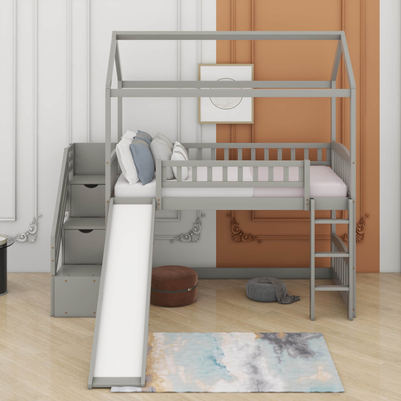 Lit mezzanine simple avec glissade, gris