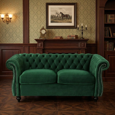Upholstered Velvet Chesterfield sofa with Rolled Arms and Nailhead Trim