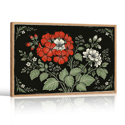 Fleurs rouges et blanches gravées sur bois avec des feuilles vertes sur toile noire