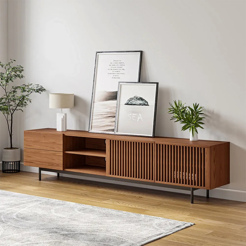 Meuble télé Mid-Century moderne, entièrement assemblé, Brun, H 21,65 po x L 15,75 po x l 70,86 po