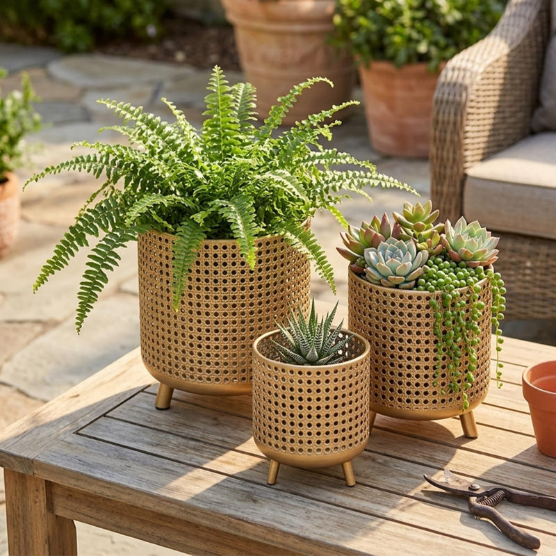 Decorative Planters Set of 3, Gold Metal Plant Pots with Legs