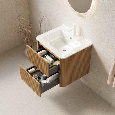 Meuble-lavabo de salle de bain avec rangement rayé mural en contreplaqué flottant de 24 po, 2 tiroirs, lavabo en céramique blanche, glissières de tiroir naturelles, armoire facile à installer, lavabo brillant, courbe silencieuse à fermeture silencieuse