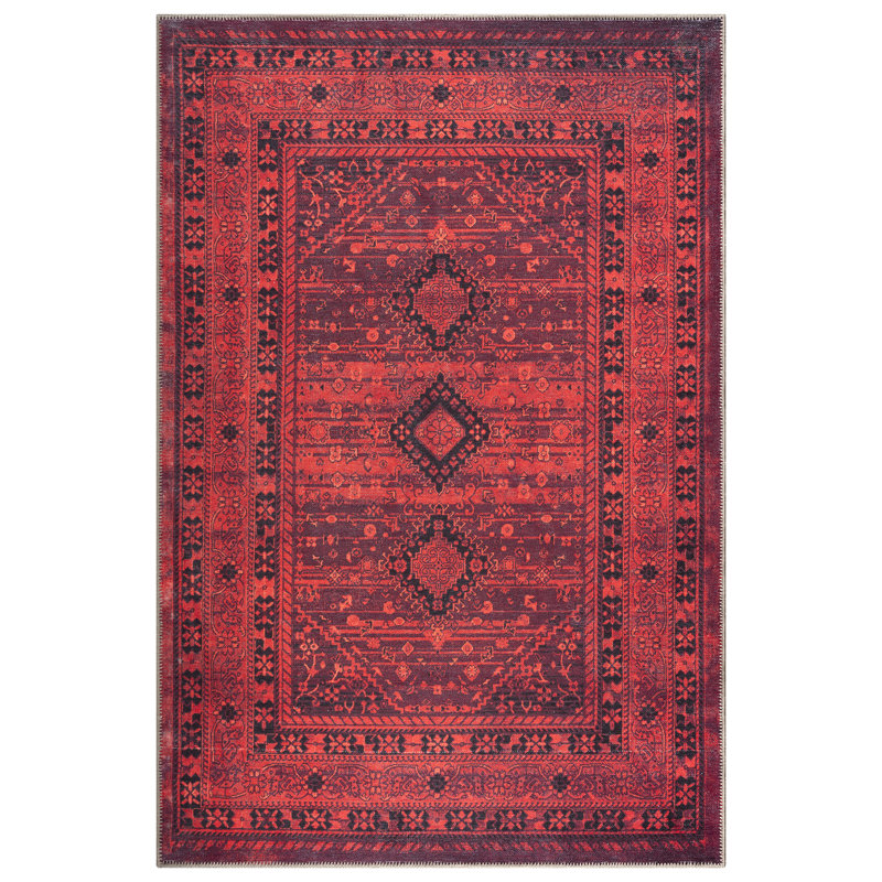  Tapis lavable antidérapant - Tapis à bordure rouge traditionnel pour entrée, couloir, salle de bain et cuisine