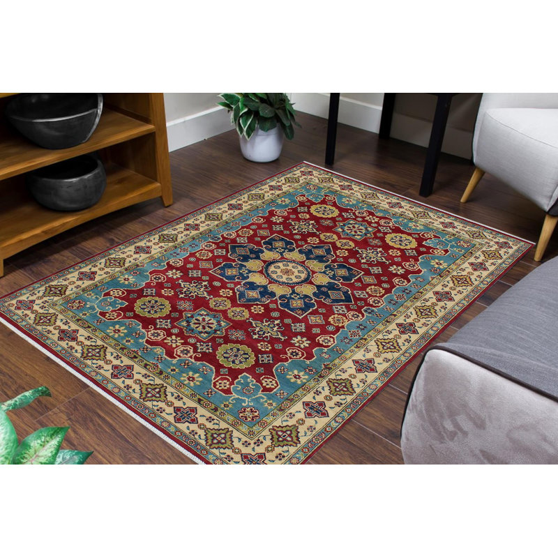 Tapis rouge / beige en laine noué à la main de conception unique 5 pi 10 po x 8 pi 9 po Madeeha Idella