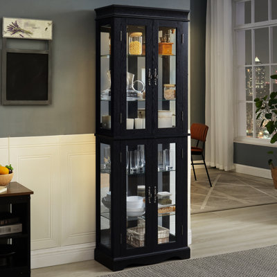 Bois noir éclairé - rangement en verre encadré avec charnière, tablettes réglables, installation à six niveaux pour les objets de collection dans la maison, éclairage de l'armoire, structure, étagères à vin et salon
