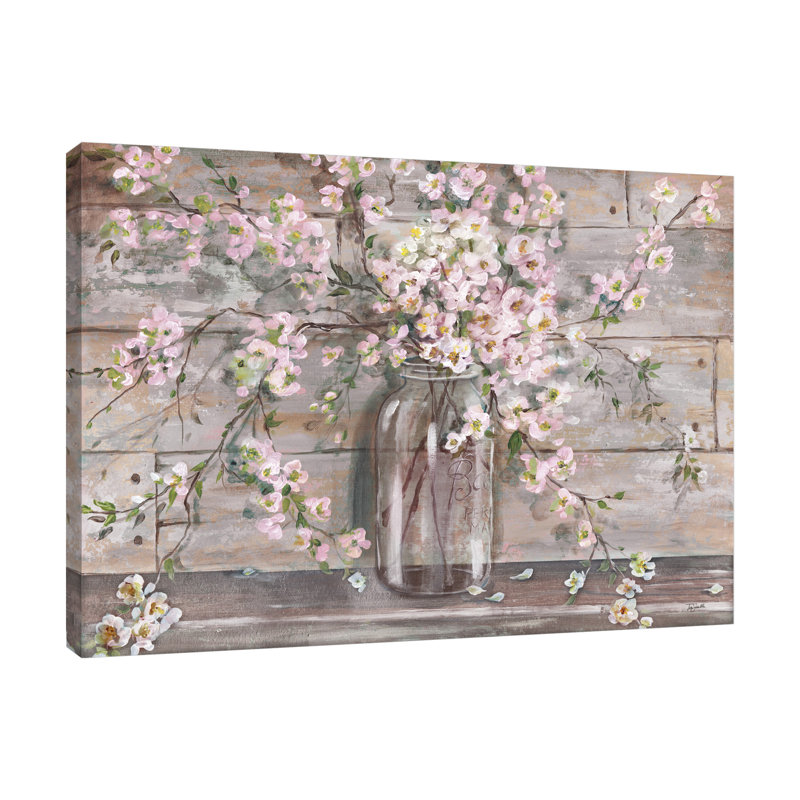Blossoms In A Mason Jar: Pink & Grey - Wrapped Canvas Print, 30 cm H x 41 cm W