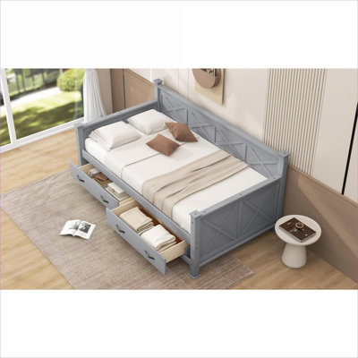 Lit de jour plateforme en pin massif, taille simple de couleur grise avec 2 grands tiroirs de rangement, cadre en X multi-usage pour les chambres d'amis et d'enfants