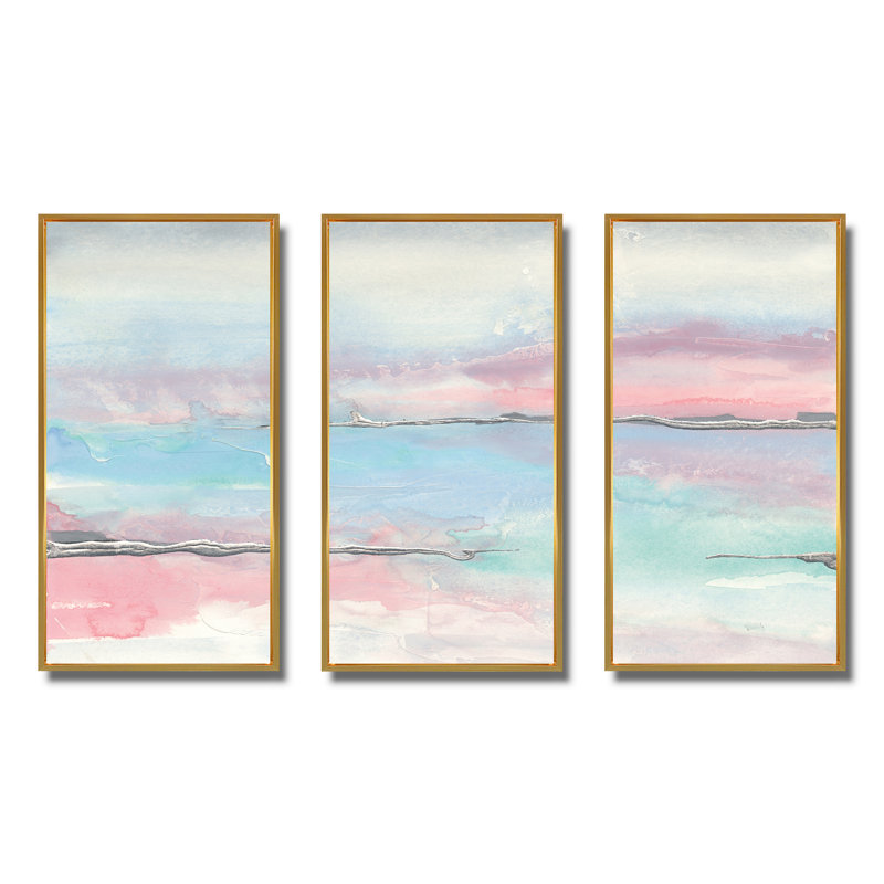 Metallic Shabby Pink II - Shabby Elegance, ensemble de 3 toiles murales encadrées, H 32 po x l 48 po x P 1 po, Cadre doré