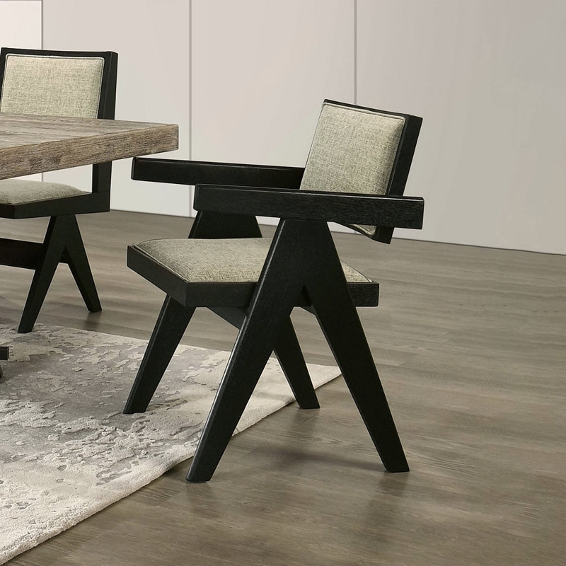 Chaises de salle à manger contemporaines de couleur noire avec accoudoirs rembourrés en tissu gris clair 2 pièces