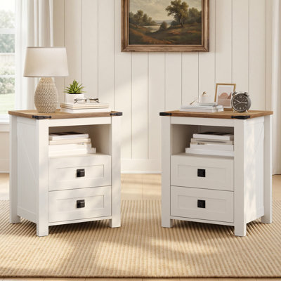 Ensemble de table de chevet 18 po avec 2 tiroirs et tablette ouverte, blanc / bois de grange