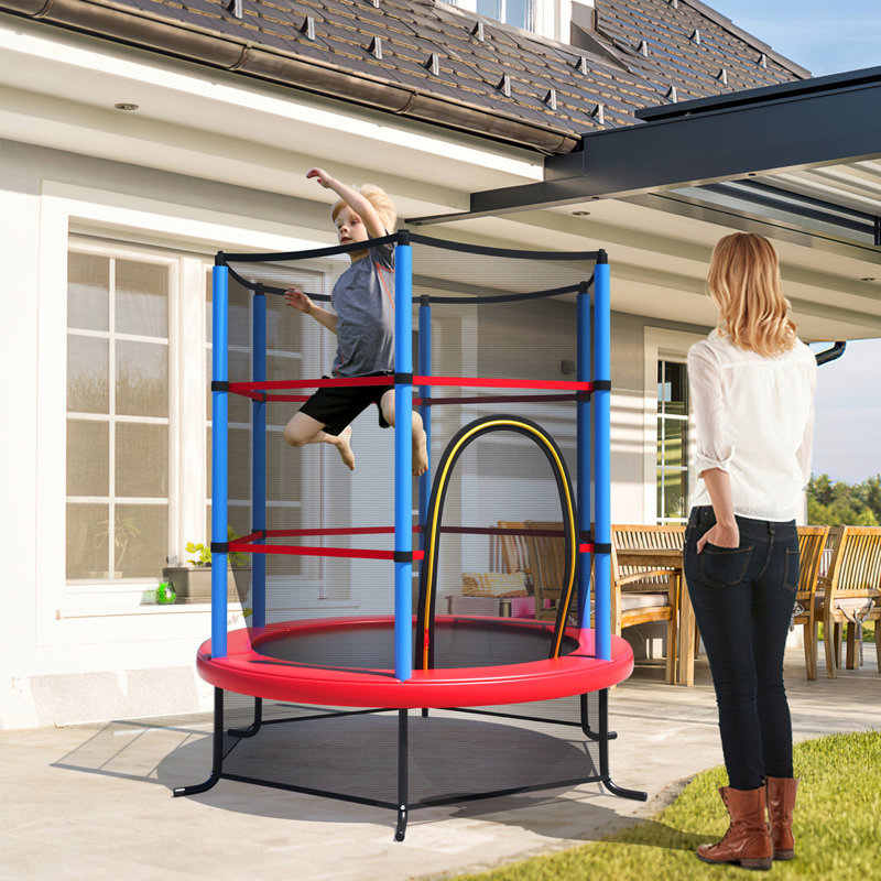 Trampoline de jardin rond de 5,4 pi avec enceinte sécuritaire Gymax, Rouge