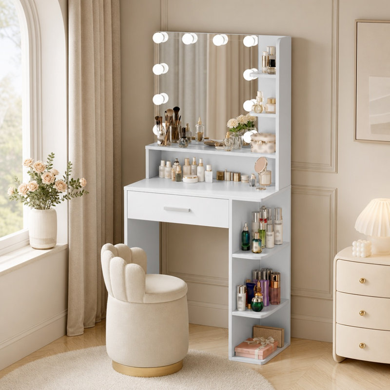 26.4" Small Makeup Vanity Desk with Lighted Mirror, 3 Color Modes, Drawer & 6 Level Storage, White, White