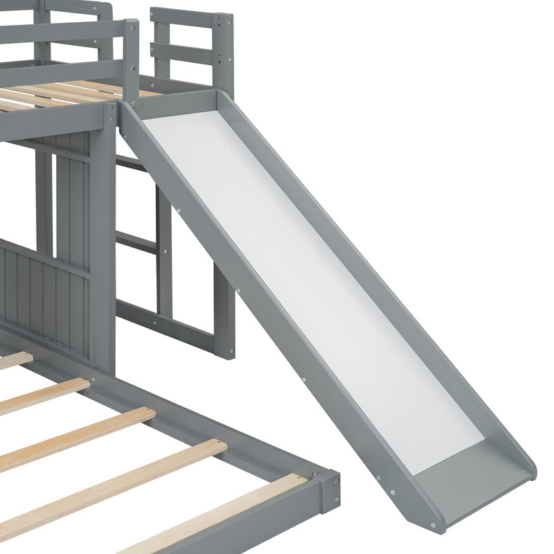 Wooden Twin Over Full Bunk Bed, Loft Bed With Playhouse, Farmhouse, Ladder, Slide And Guardrails, Gray, Gray