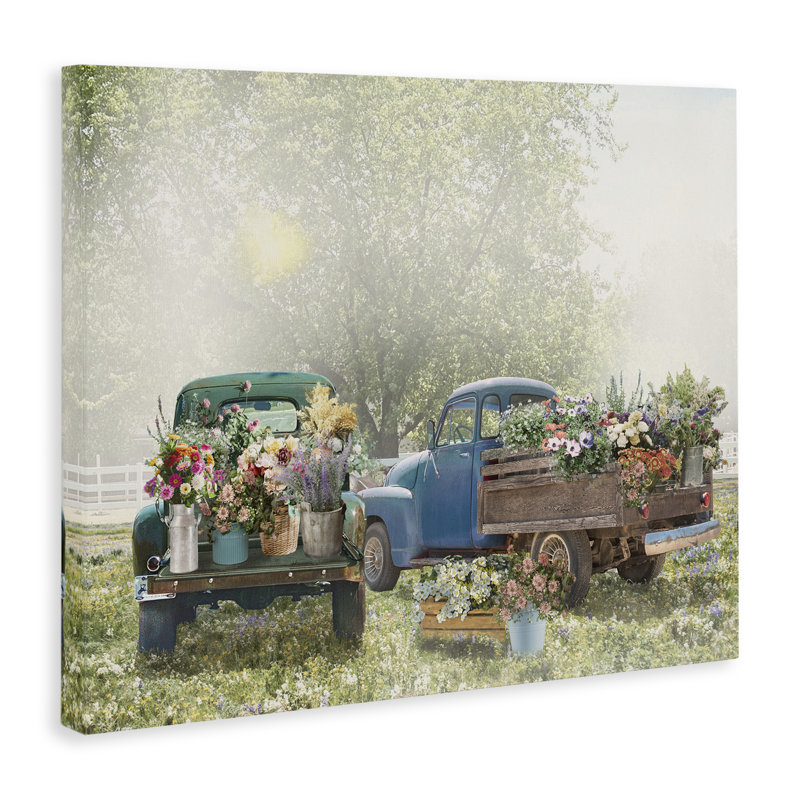 Art mural sur toile Rustic Camions avec fleurs de campagne, design par Nan, H 36 po x l 48 po